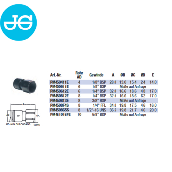 John Guest Aufschraubverbinder PM450813E - Ø 8,00 mm x 3/8" BSP