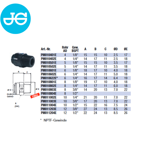John Guest Einschraub-Verbinder PM011004E - Ø 10,00 mm x 1/2"