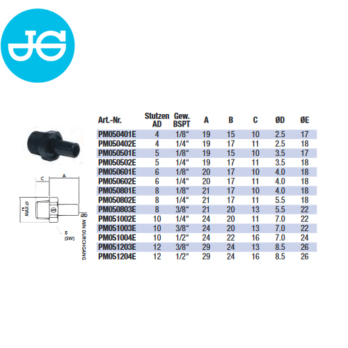 John Guest Einschraubstutzen PM050402E - Ø 4,00 mm x 1/4"