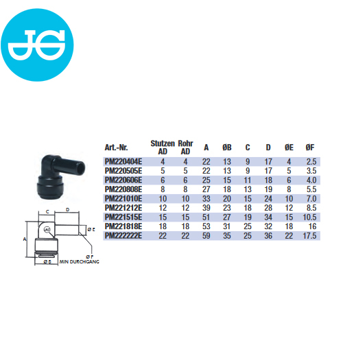 John Guest Einsteck-Winkel-Verbinder PM220404E - Ø 4,00 mm